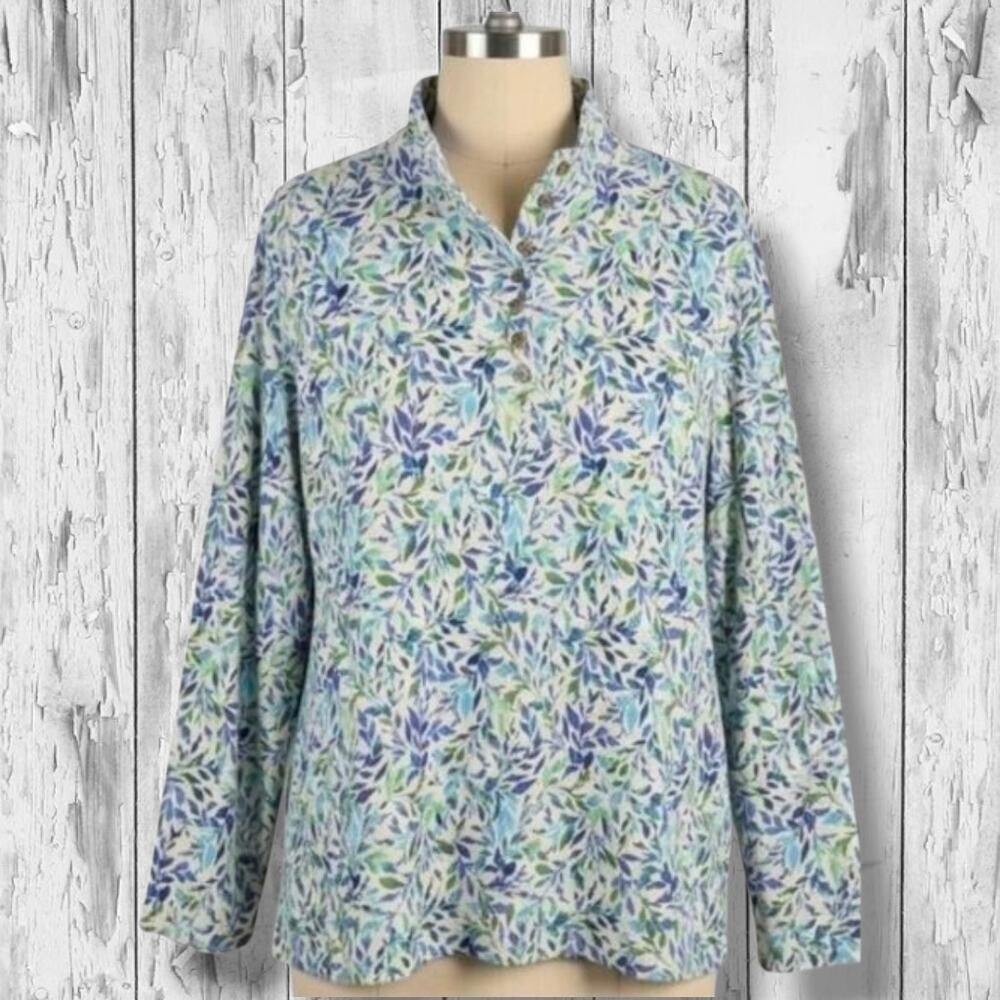 Appleseed's women's plus size Blue & Green Leaf Print Mock Neck Henley Top- 2x